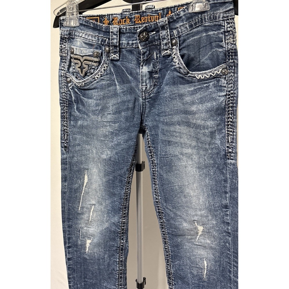 Rock Revival Eben Straight Leg Jeans Mens Size 30 Distressed Blue Acid Wash - Picture 10 of 14
